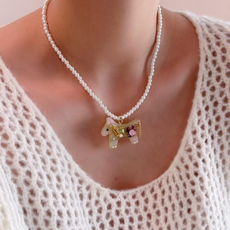 Cute Candy Color Acrylic Cartoon Horse Rhinestones Simulated Pearl Pendant Necklaces for Women Strand Sweater Chain Choker