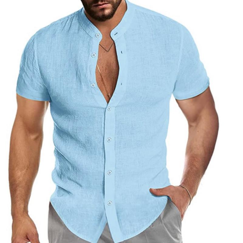 Herre Løs Pluss Størrelse Topp Sommer Ensfarget Skjorte Bomull Lin Krage Kortermet Fritidsskjorter Herreklær