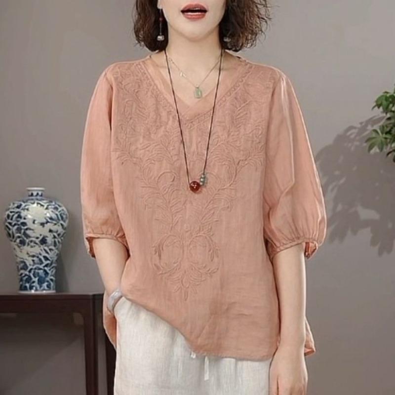 Women Summer New Navy Blue V Neck Floral Embroidery Three Quarter Sleeve Casual Blouse