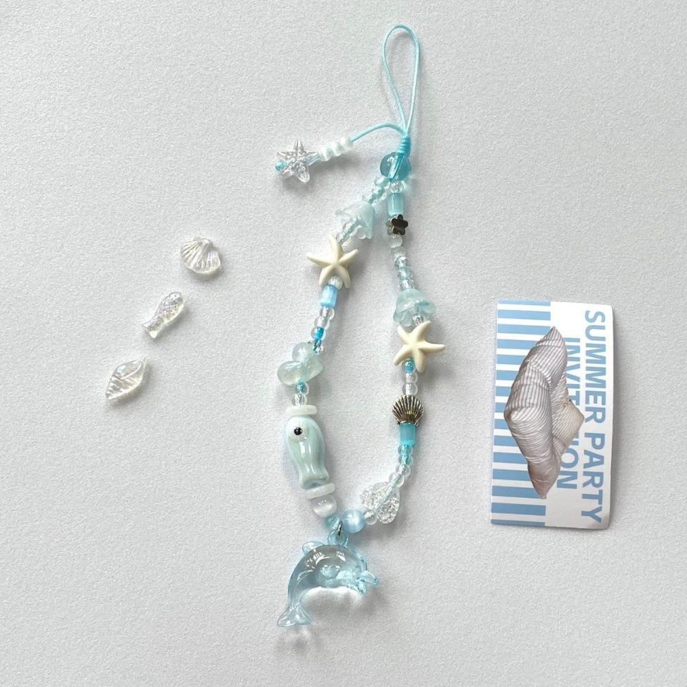 Bracelet de poignet à perles en forme d'étoile de mer, avec dauphin bleu clair et cordon pour téléphone (compatible iPhone).
