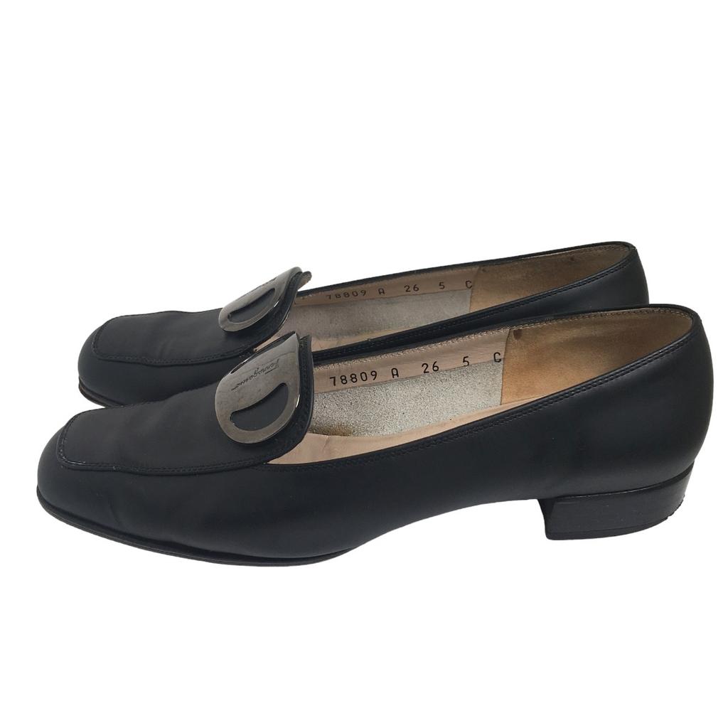 Salvatore Ferragamo Low Heel Square Toe Pumps 5C Calfskin Black Women Used