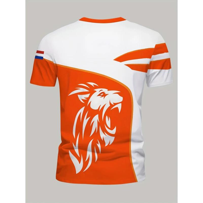 Herren T-Shirt mit Löwendruck und niederländischer Flagge, Orange & Weiß Colorblock, Kurzarm Rundhals, Lässiges Oberteil im Nationalmannschafts-Stil für Fußballfans