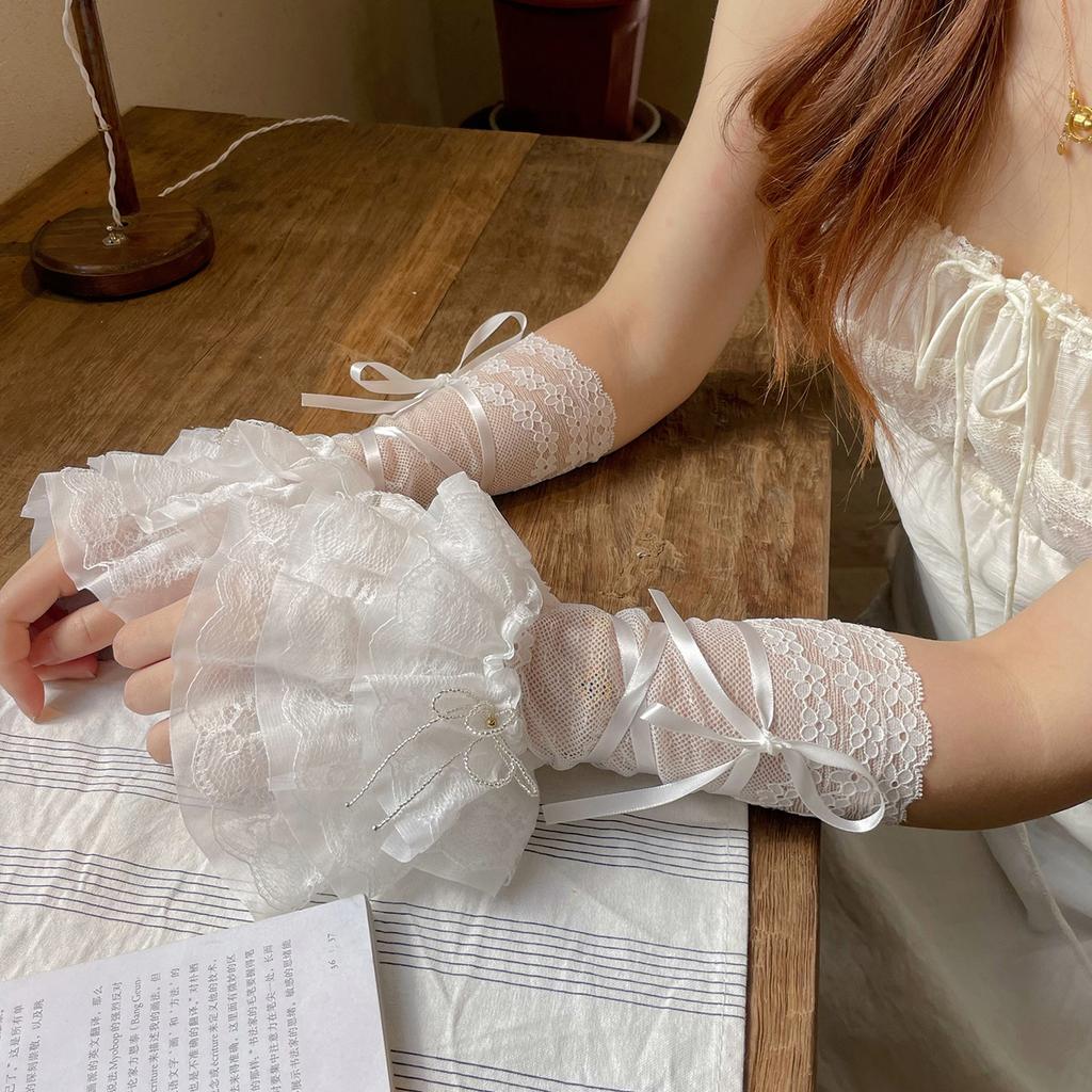 Lace Arm Warmers with Ruffles & Bows, Balletcore Lolita Long Fingerless Gloves for Women, Sweet Gothic Cosplay Costume Accessories