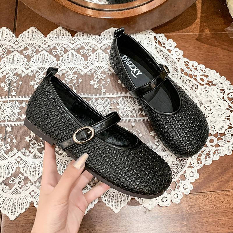 Fashion Flat Bottom French Mary Jane Women's Shoes Ballet Style Commuter Black Evening Shoes round Toe Low Heel Slip-On Single Shoes
