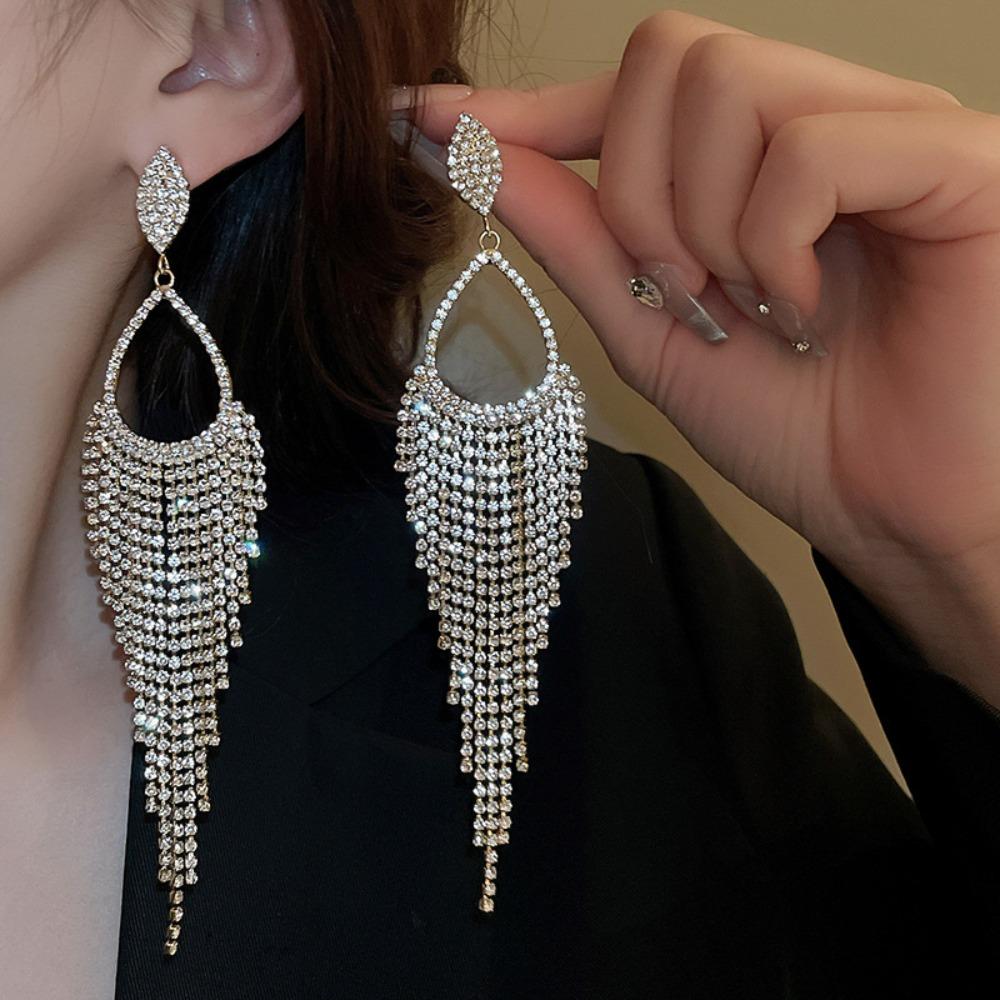 Luxury Temperament Shining Rhinestone Chain Long Fringe Dangle Earrings for Women Prom Wedding Party Statement Earrings Jewelry