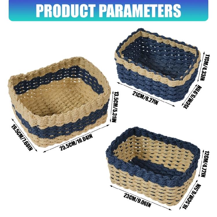 Juego de 3 Piezas Cestas de Almacenamiento Tejidas con Bloques de Color Materiales de Cuerda de Papel Natural Organizadores Para Armario Tocador Organización