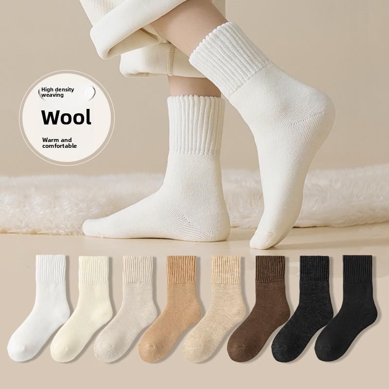 Woolen Socks for Women's Autumn and Winter Warmth, Mid-calf Socks, Solid Color Fleece Thickened Women's Socks, Woolen Versatile Socks