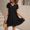 V-neck solid color loose dress casual short-sleeved dress