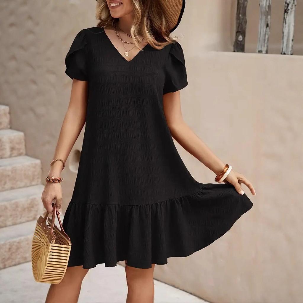 V-neck solid color loose dress casual short-sleeved dress