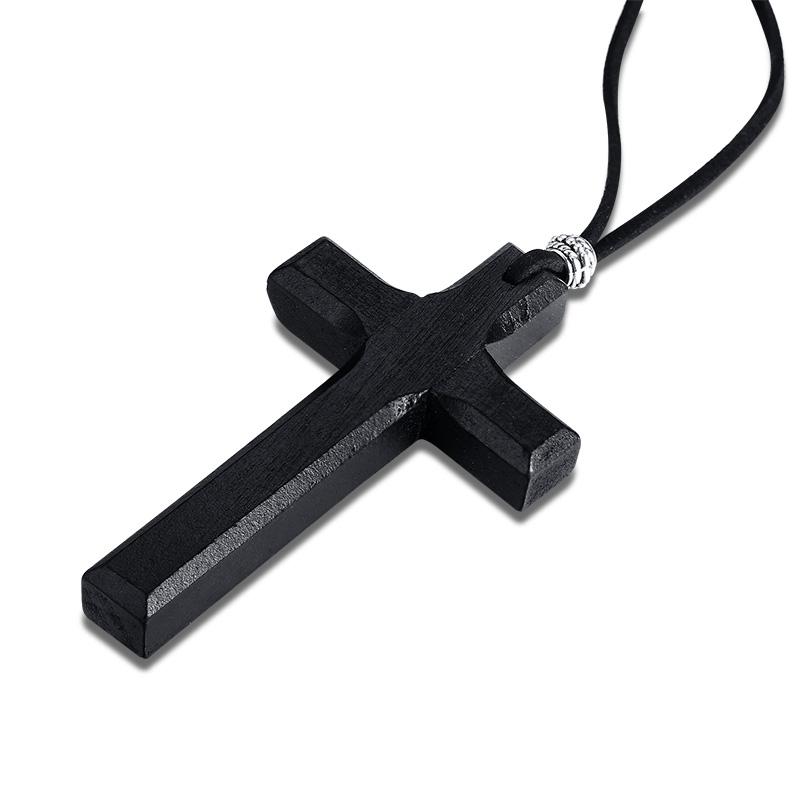 Wooden Cross Necklace On Leather Cord For Men Pendant In Black Brown Tone Jesus Christ Lord Prayer Jewelry