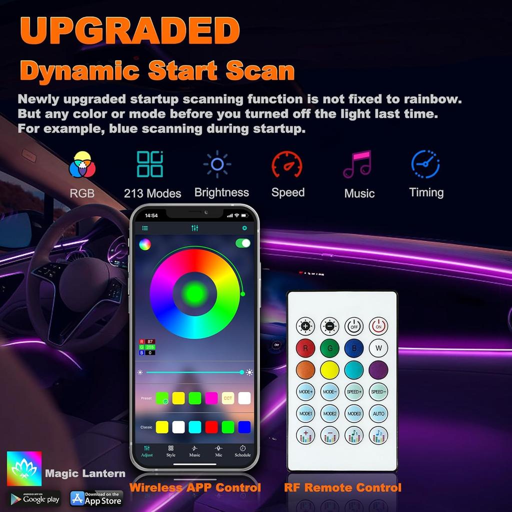 Car LED Strip Lights, Interior Acrylic LED Lights For Car With Dynamic Rainbow Dream Color Chasing, Car Ambient Lighting Kits, Music Sync (8 In 1(6 *