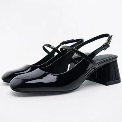Chunky High Heels Sandals for Woman Round Toe Patent Leather Summer Slingbacks  Fashion Shallow Ladies Mary Janes Shoes