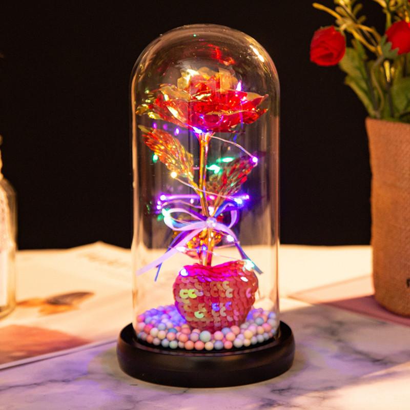 Love glass cover gold leaf flower ornament, Christmas and Valentine's Day creative gift, luminous simulated rose bouquet