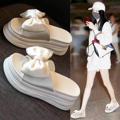 Bow Slippers 2025 Summer Height Increase Platform Women's Shoes Beach Cool Slippers Comfortable To Wear Fish Mouth Design