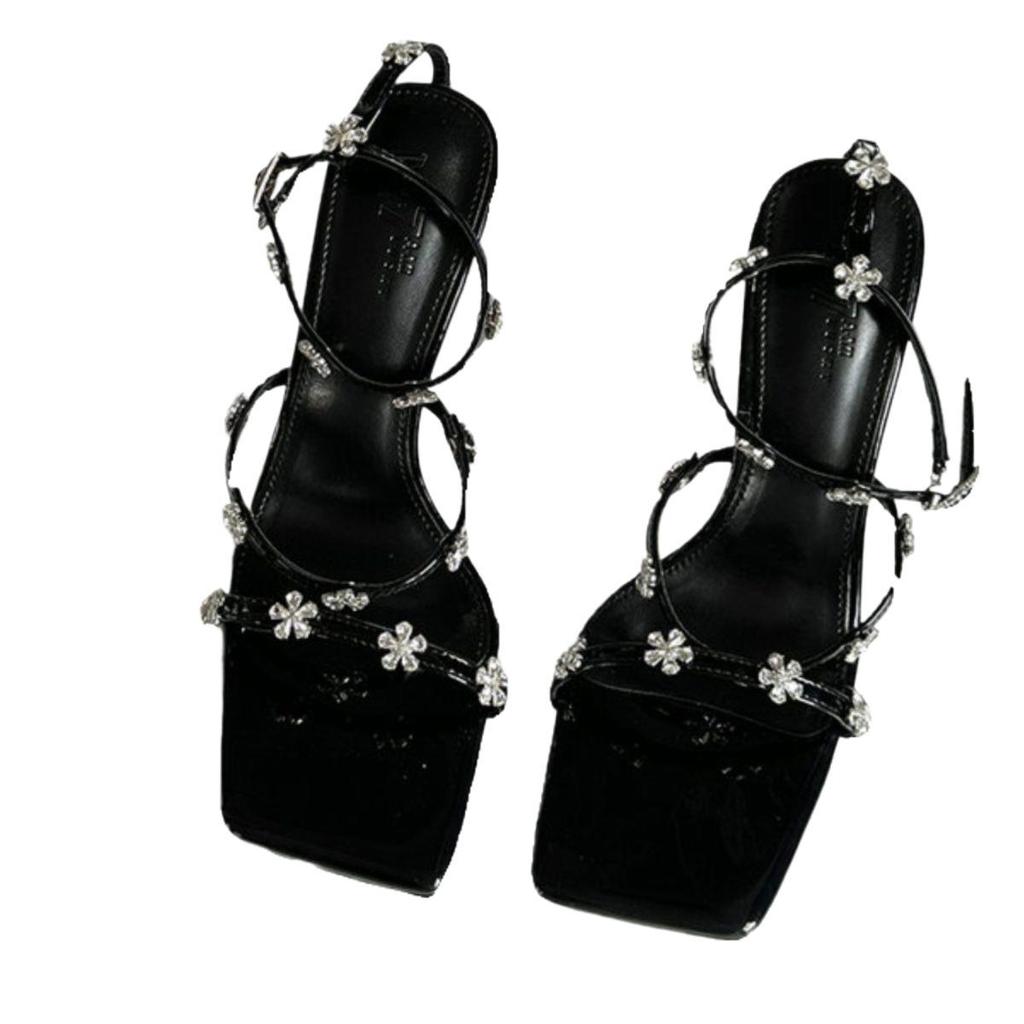 Sandals New One-word with Stiletto Roman Sandals High Heels Rhinestone Flowers Korean Version Women's Shoes Commuting Versatile Trend
