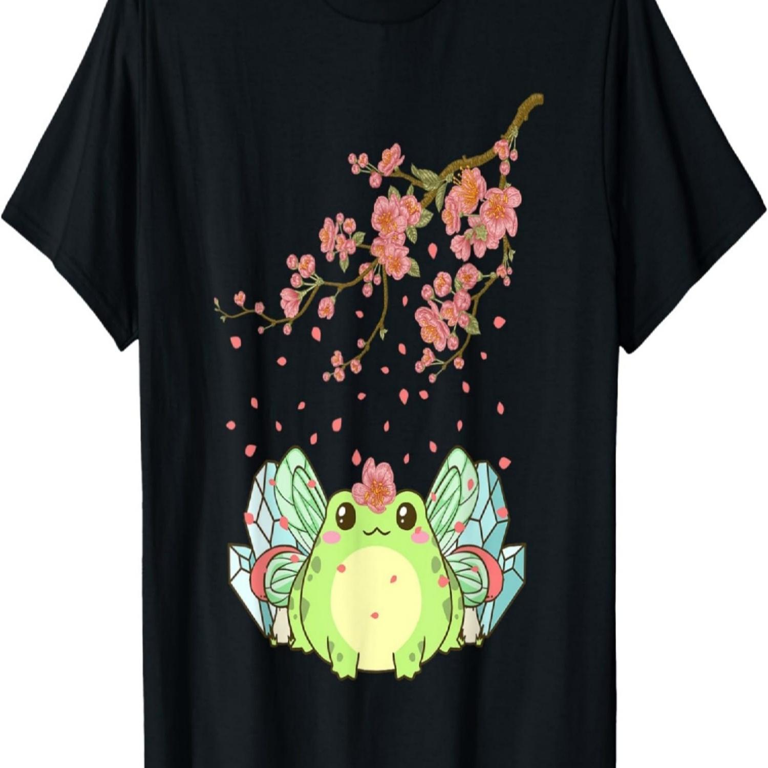 Эстетика Фейрикор Милый Кавайный Лягушонок-Фея Цветение Сакуры Футболка(5) S чёрный
