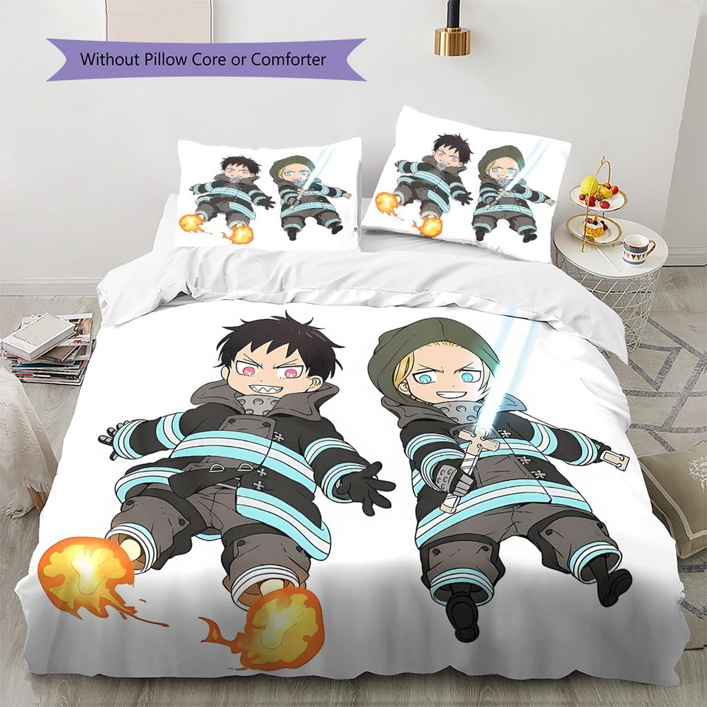 Fire Force Pattern Bedding,Quilt Set Quilt Cover Pillowcase Home Birthday Gift (1 * duvet cover + 2 * pillowcase, without core)