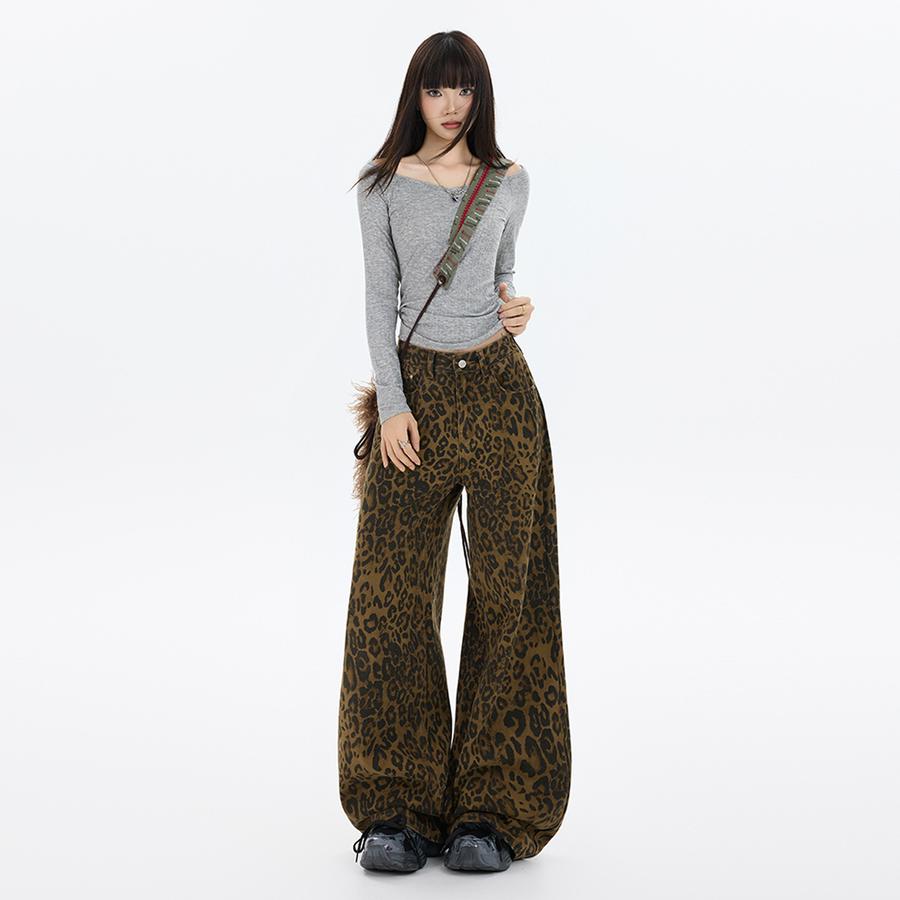 American Streetwear Retro Leopard Casual Pants Women Autumn Winter Fashion Design Versatile Slim Fit Wide Leg Long Pants