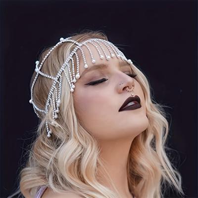 Haarkette mit Anhänger aus Kunstperlen, Vintage-Haarschmuck, Strass-Haarkette, Kopfbedeckung für Bühnenauftritte
