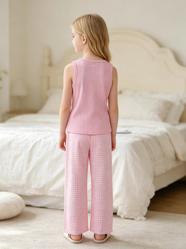 Girls Pajama Set, Sleeveless Cat Print Tank Top & Plaid Pants, Soft Ribbed Loungewear Sleepwear for Kids 8-12 Years