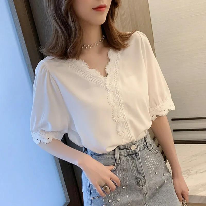 Summer Internet Celebrity New Fashion Design Niche Lace Chiffon Temperament V-neck Loose Super Fairy Top for Women