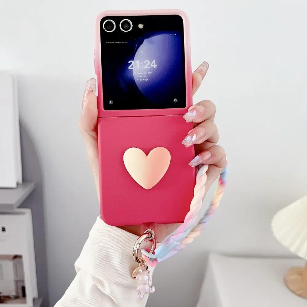 Luxury Candy Color 3D Love Heart Matte Phone Case for Samsung Z Flip 7 6 5 Gradient Bear Wristband Lanyard Shockproof protect Cover Samsung Flip7