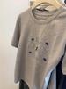Women's Gray Embroidered Retro Short Sleeve T-Shirt - 2025 Spring Casual Loose Fit Base Layer