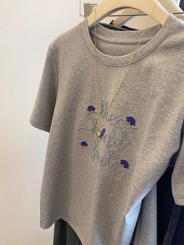 Women's Gray Embroidered Retro Short Sleeve T-Shirt - 2025 Spring Casual Loose Fit Base Layer