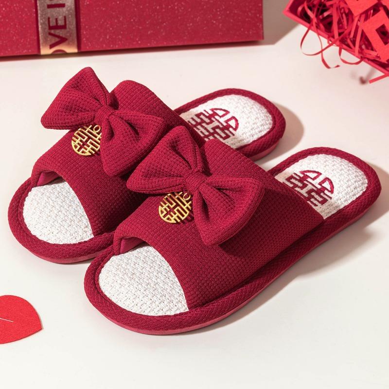 Red slippers wedding a pair of festive wedding dowry couple style indoor home linen slippers