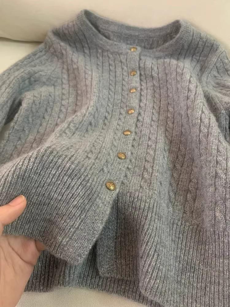 European Heavyweight Cable Knit Cardigan: Women's Autumn/Winter Lazy Style with Gold Buttons