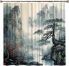 Asian Scenic Shower Curtain Chinese Japanese Landscape Black Mountain And Pine Tree Ink Painting Bathroom Decor Set With Hooks