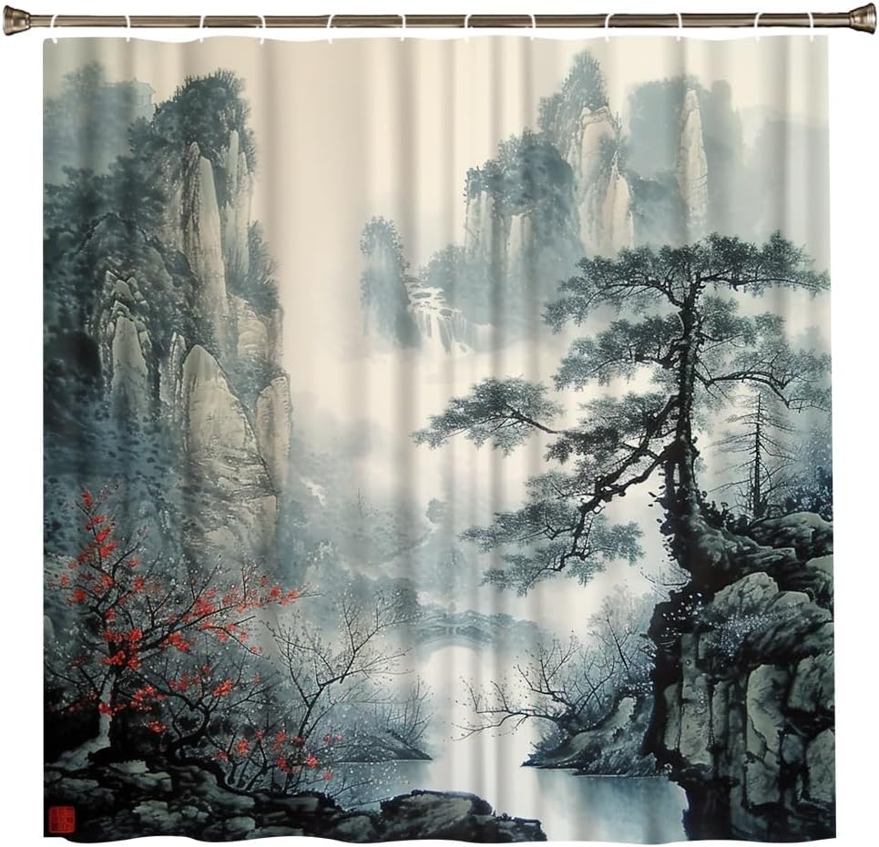 Asian Scenic Shower Curtain Chinese Japanese Landscape Black Mountain And Pine Tree Ink Painting Bathroom Decor Set With Hooks