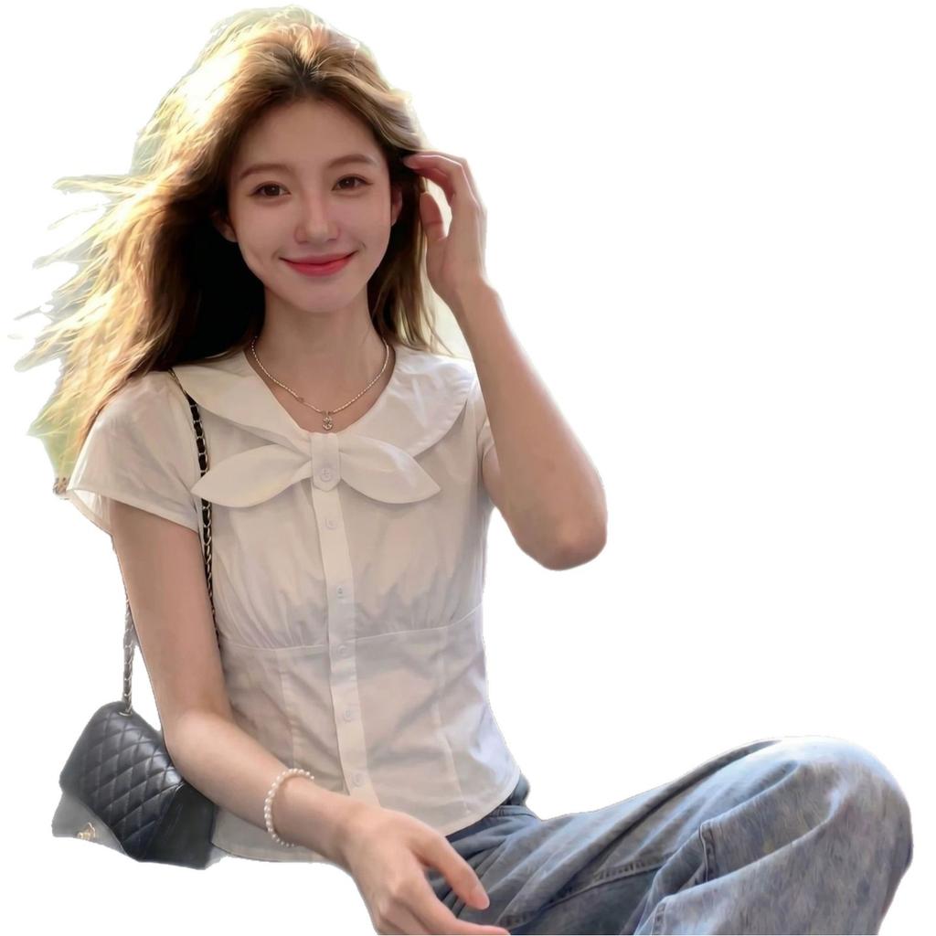 Summer new gentle wind bow short-sleeved white shirt women's design sense waist thin versatile top