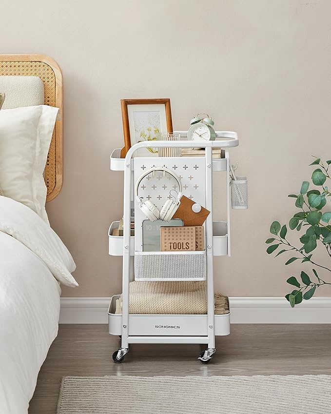SONGMICS 3-Tier Storage Cart, Rolling Utility Cart, Metal Mesh Shelves, 2 Removable Pegboards, 2 Hanging Holders, 4 Hooks, Craft Cart for Living Room