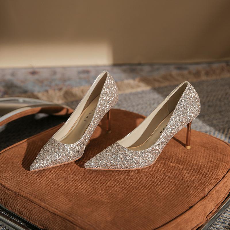 8819 Französische spitze High Heels Damen 2025 neue Kristall Pailletten Hochzeitsschuhe silber Brautjungfer Schuhe Stiletto Schuhe