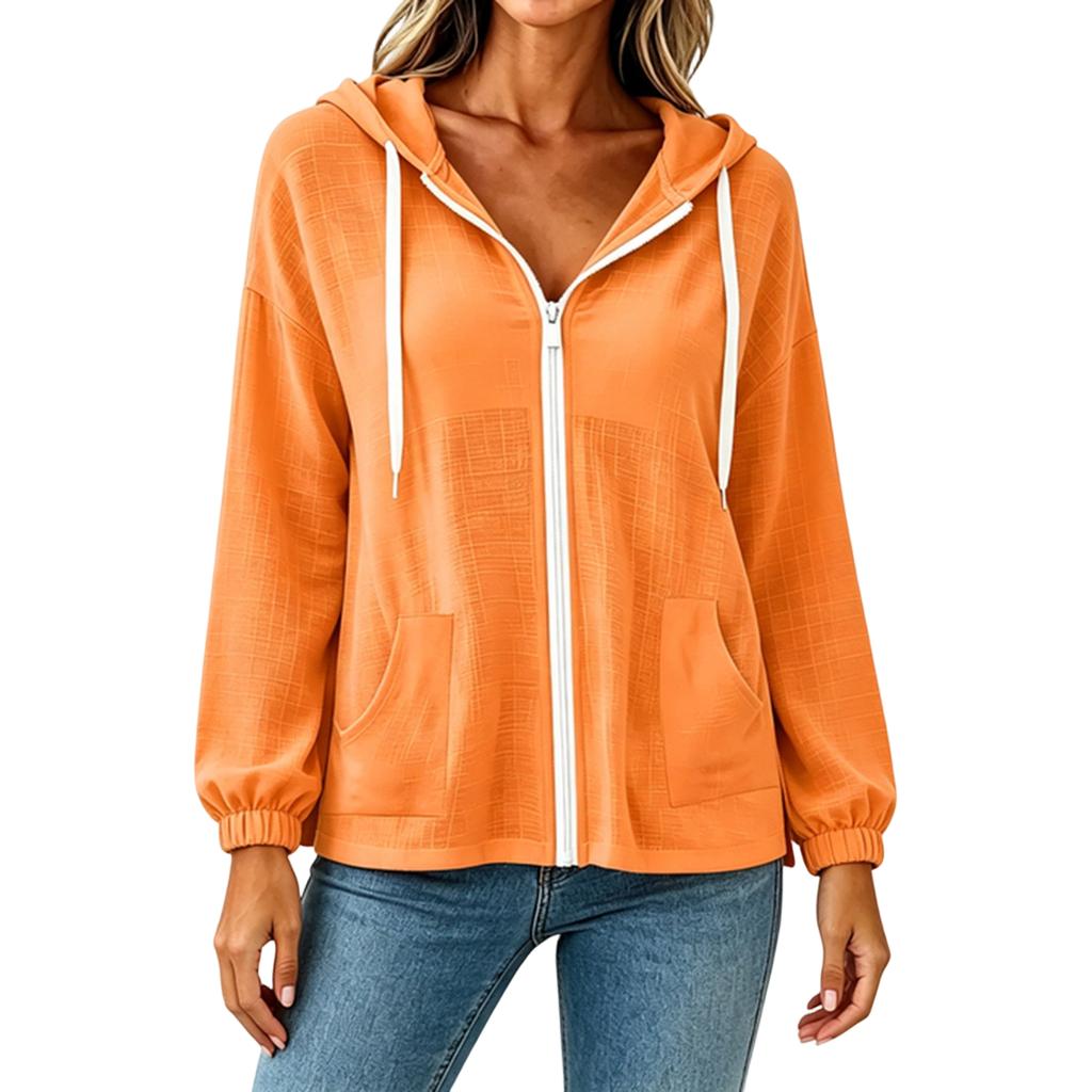 Women's Color Long Sleeve Hooded Zip-Up Jacket with Pockets for Casual Wear