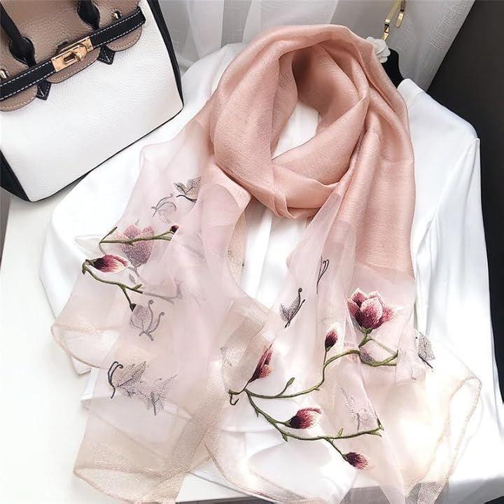 Used Liebendo Large Stole for Women, Silk, Embroidery, Floral Pattern, Flowers, Shawl, Spring/Summer, UV Protection, Gift (Pink)