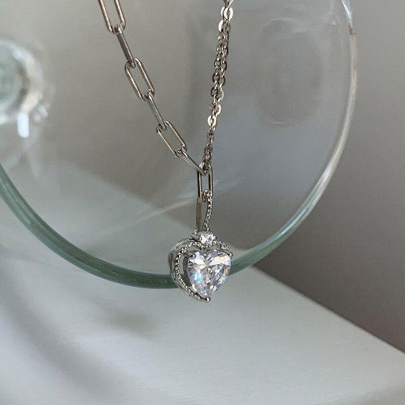 Sterling Tone Love Heart Cubic Zircon Women Necklaces Charm Pendant Clavicle Chain Choker Celebration Party Event JewelryTrendy Pendant