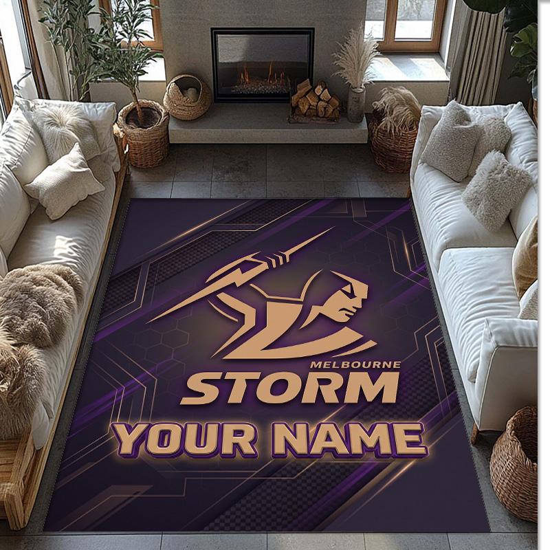 Melbourne Storm Crystal Velvet Rug, Custom Name Text Personalized Non‑Slip Floor Mat for Home Decor Gift