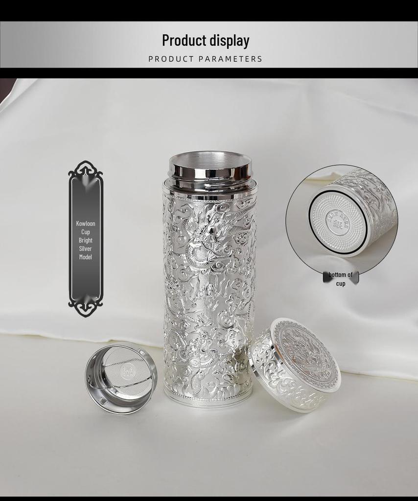 Reinsilber 9999 Thermalwasserbecher - Neun Drachen, Hundert Segnungen, Drachen & Phönix Design