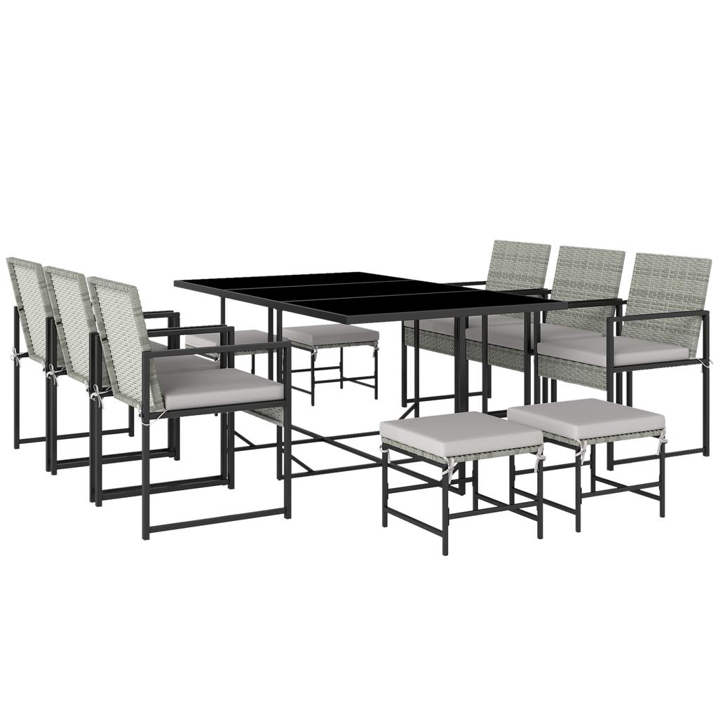 11-Piece Patio Dining Set, Outdoor Furniture With 6 Armchairs, 4 Poufs, Grey