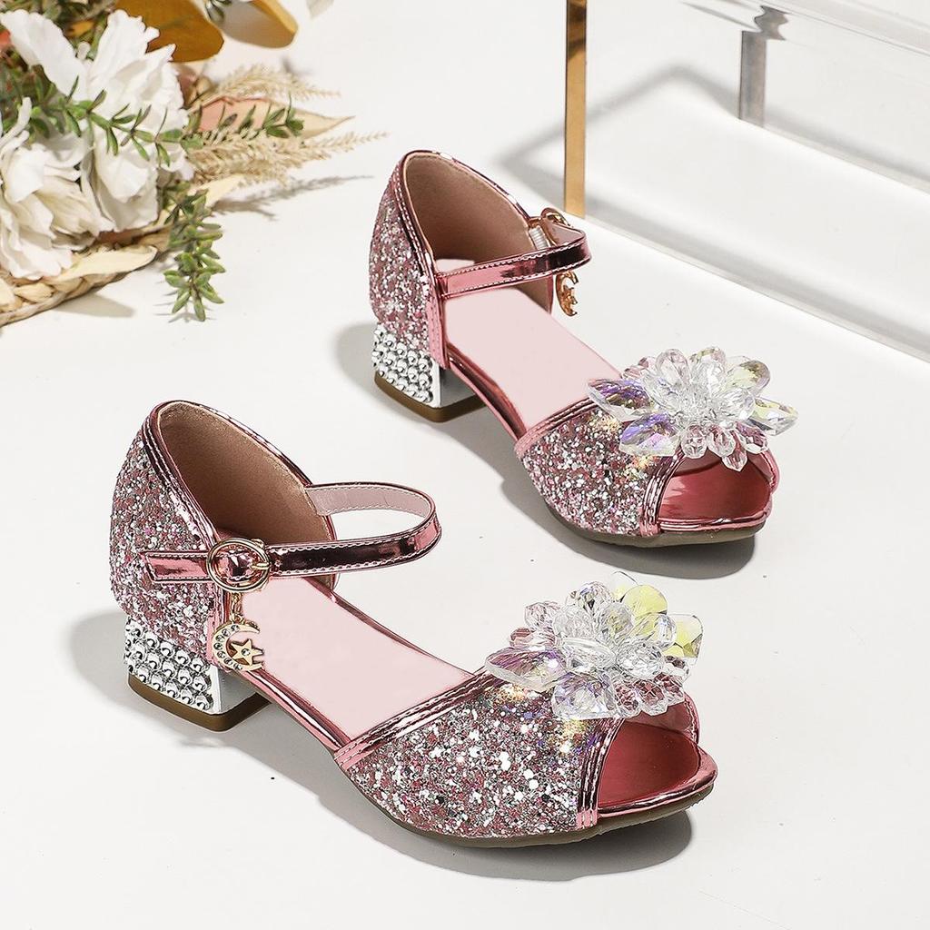 Girls' Crystal High-Heeled Sandals - Elsa Princess Style for Summer 2024