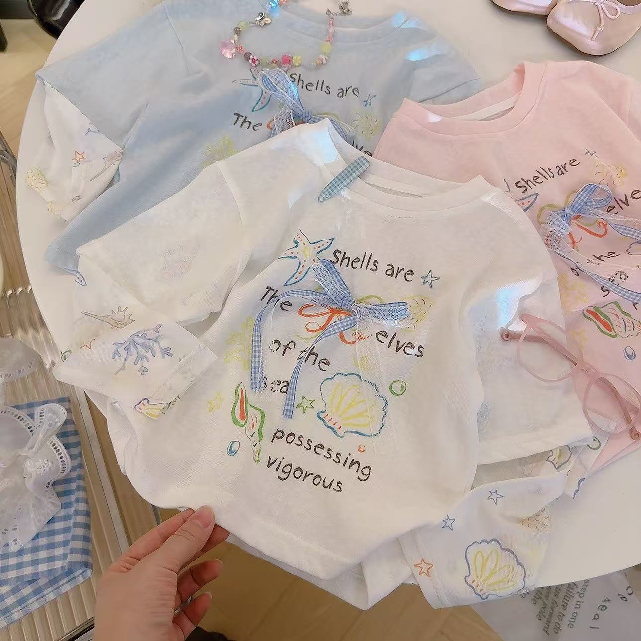 Girls Summer Lace Splice Sun Protection T Shirt Sweet Stylish Short Sleeve Top For Kids 100cm