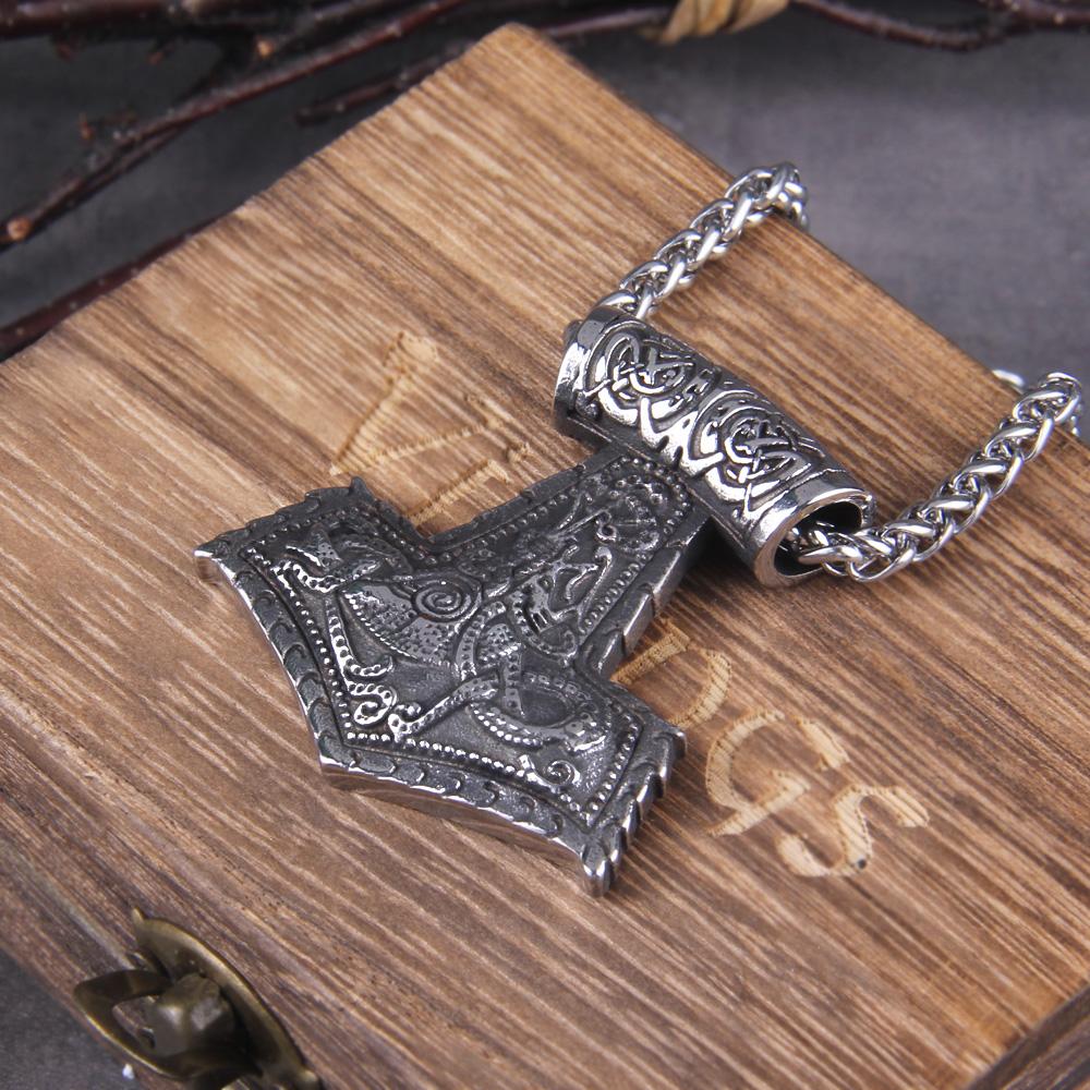 Nordische Wikinger Thor Hammer Mjolnir Halskette Edelstahlkette Wikinger Runen Amulett Vegvisir Anhänger Männerschmuck