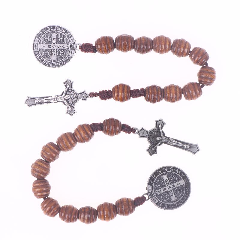 Saint Benedict Medal Prayer Pocket Rosary Catholic Brown Wood Beads With Saint Benedict Medal And Crucifix