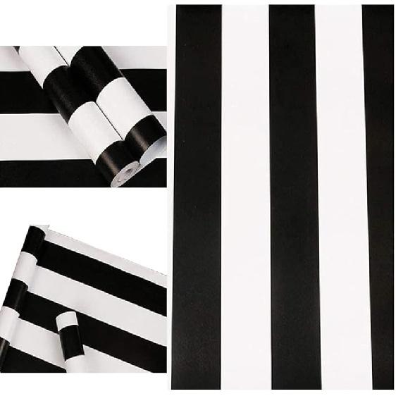 PoetryHome Self Adhesive Vinyl White Black Stripe Peel and Stick Wallpaper Shelf Liner Paper for Walls Furniture Cabinets Bedroom Kitchen Bathroom