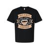 Unisex Kaffee-Grafik-T-Shirt mit 'But First Coffee'-Banner und dampfender Tasse