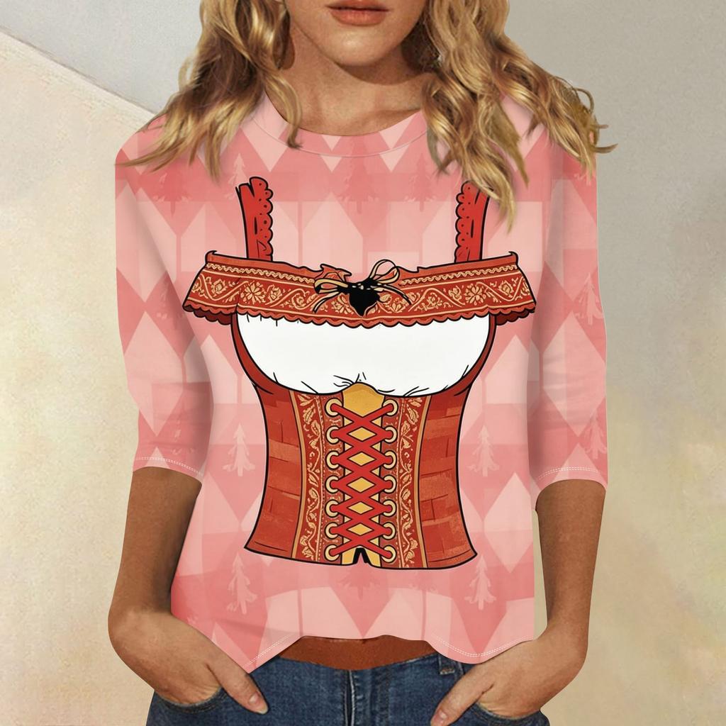 Women Casual Three Quarter Sleeve Oktoberfest Print Round Neck Shirt Lightweight Comfortable Fit Stylish Design