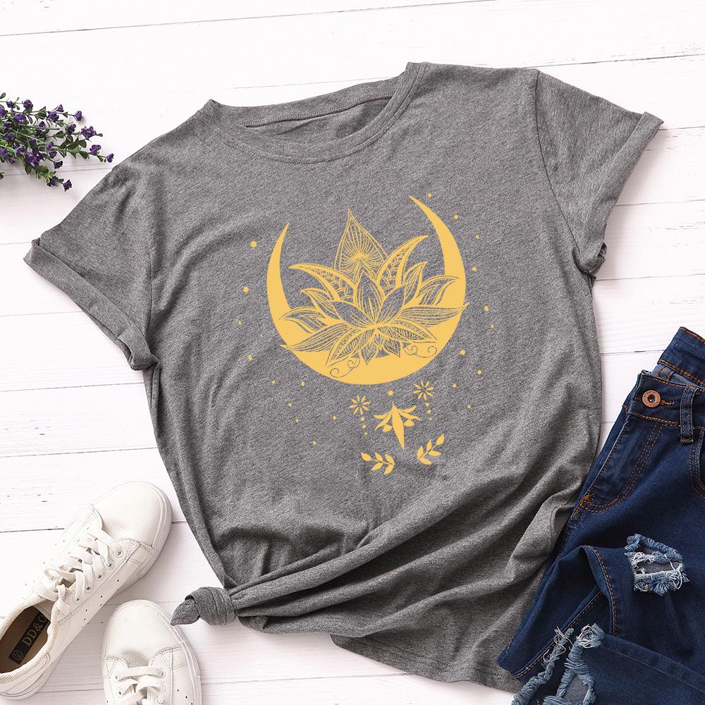 Creative Starry Sky Lotus Pattern Cotton Loose Round Neck Short Sleeved Women's T-shirts