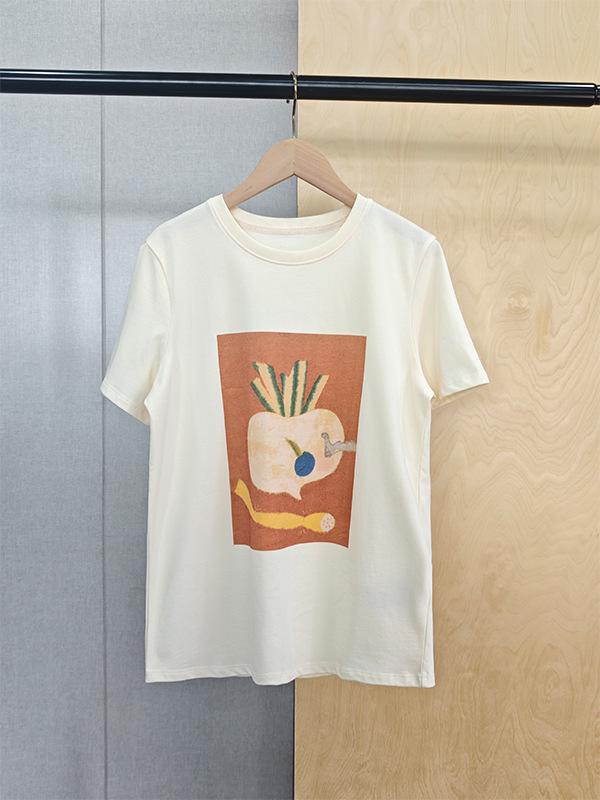 

Women s Spring 2026 Round Neck Short Sleeve Color-Contrast Print Loose Casual T-Shirt S/2